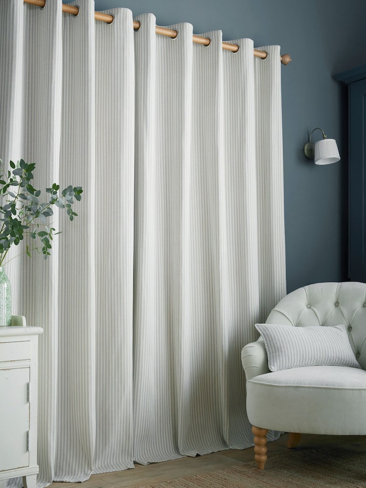 Laura Ashley Slate Blue Cornish Chenille Stripe Eyelet Curtains - Image 2 of 4