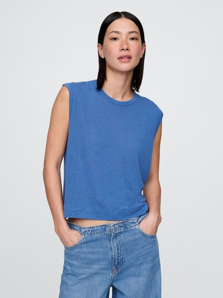 Azul - Gap Linen-Blend Crew Neck Shell T-Shirt - Imagen 1 de 5
