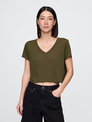 Gap Khaki Green Linen-Blend Cropped V Neck T-Shirt - Image 1 of 5