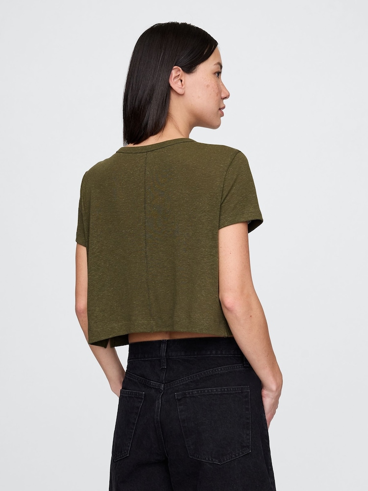 Gap Khaki Green Linen-Blend Cropped V Neck T-Shirt - Image 2 of 5