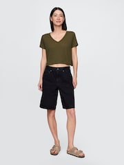 Gap Khaki Green Linen-Blend Cropped V Neck T-Shirt - Image 3 of 5