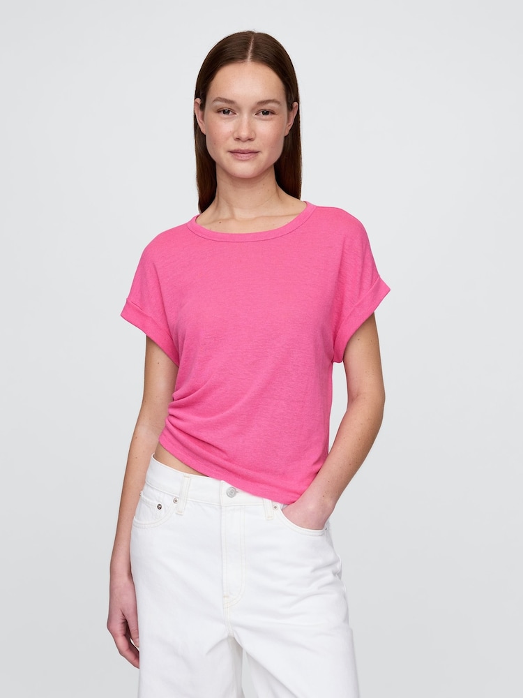 Rosa - Gap Linen-Blend Roll-Cuff T-Shirt - Imagen 1 de 4