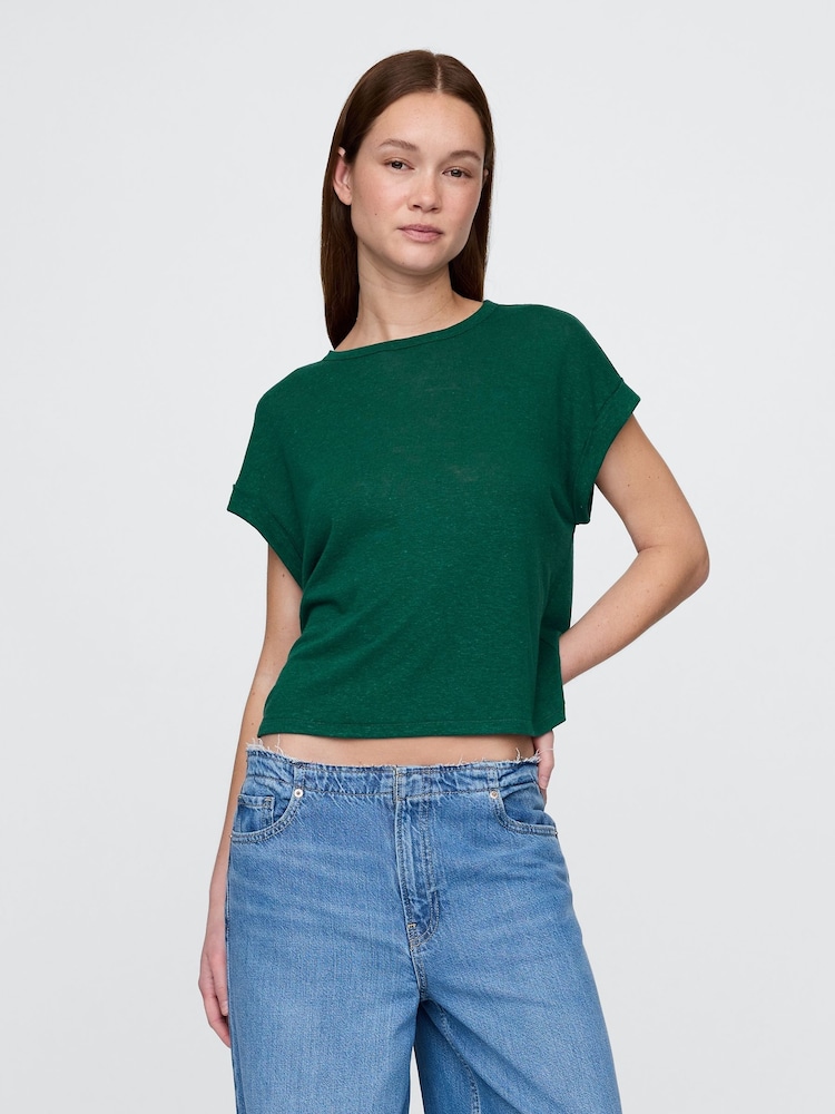 Verde oscuro - Gap Linen-Blend Roll-Cuff T-Shirt - Imagen 1 de 4