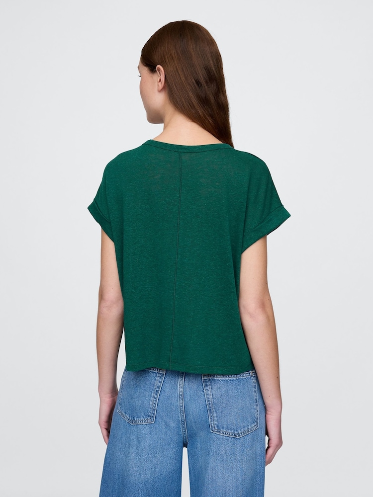 Gap Dark Green Linen-Blend Roll-Cuff T-Shirt - Image 2 of 4 Gap Dark Green Linen-Blend Roll-Cuff T-Shirt - Image 2 of 4