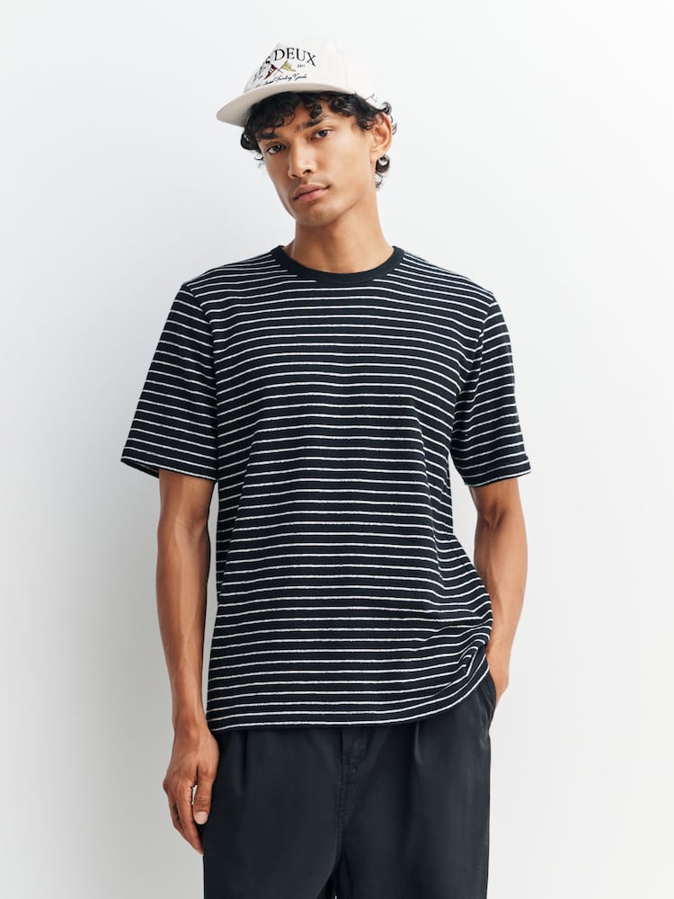 Folk Black Short Sleeve Textured Stripe T-Shirt - Image 1 of 5 Folk Black Short Sleeve Textured Stripe T-Shirt - Image 1 of 5