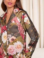 Lipsy Green Floral Satin Long Sleeve Pyjamas Set with Lace Details - Image 3 of 5