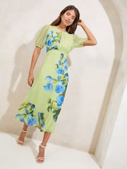 Green Floral Printed Puff Sleeve Crew Neck Midi Dress - Image 1 of 4