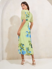 Green Floral Printed Puff Sleeve Crew Neck Midi Dress - Image 4 of 4