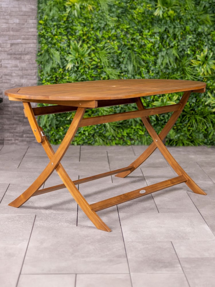 Charles Bentley Natural Wood Oval Folding Garden Table 6 Chairs - Image 1 of 6