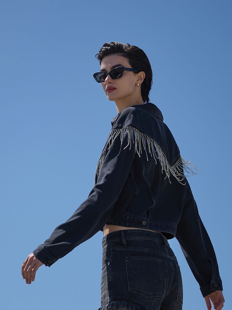 AllSaints Black Marlene Embroidery Jacket - Image 1 of 8