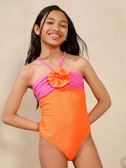 Lipsy Pink/Orange Colourblock Corsage Halter Swimsuit (5-16yrs) - Image 1 of 4