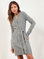 Lipsy Grey Mini Belted Buttoned Long Sleeve Knitted Dress - Image 1 of 4