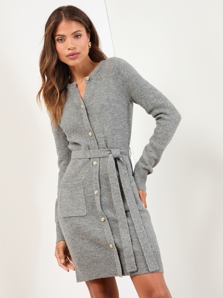 Lipsy Grey Mini Belted Buttoned Long Sleeve Knitted Dress - Image 1 of 4