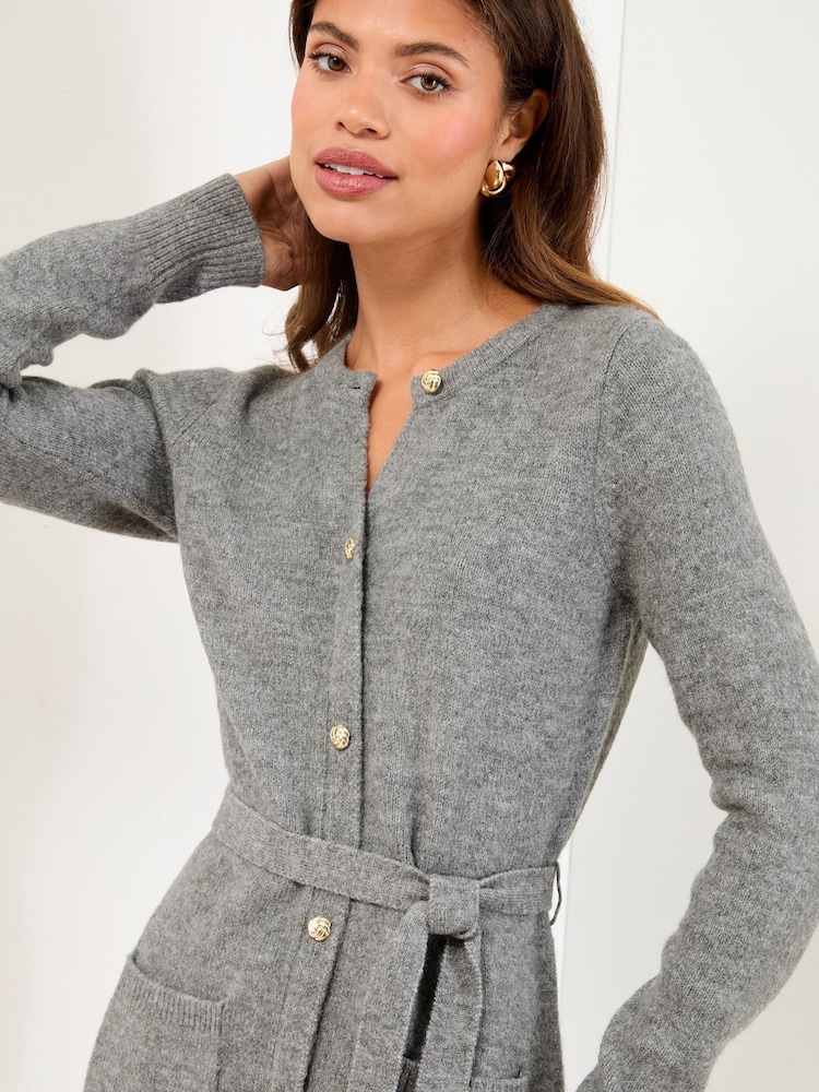 Lipsy Grey Mini Belted Buttoned Long Sleeve Knitted Dress - Image 2 of 4