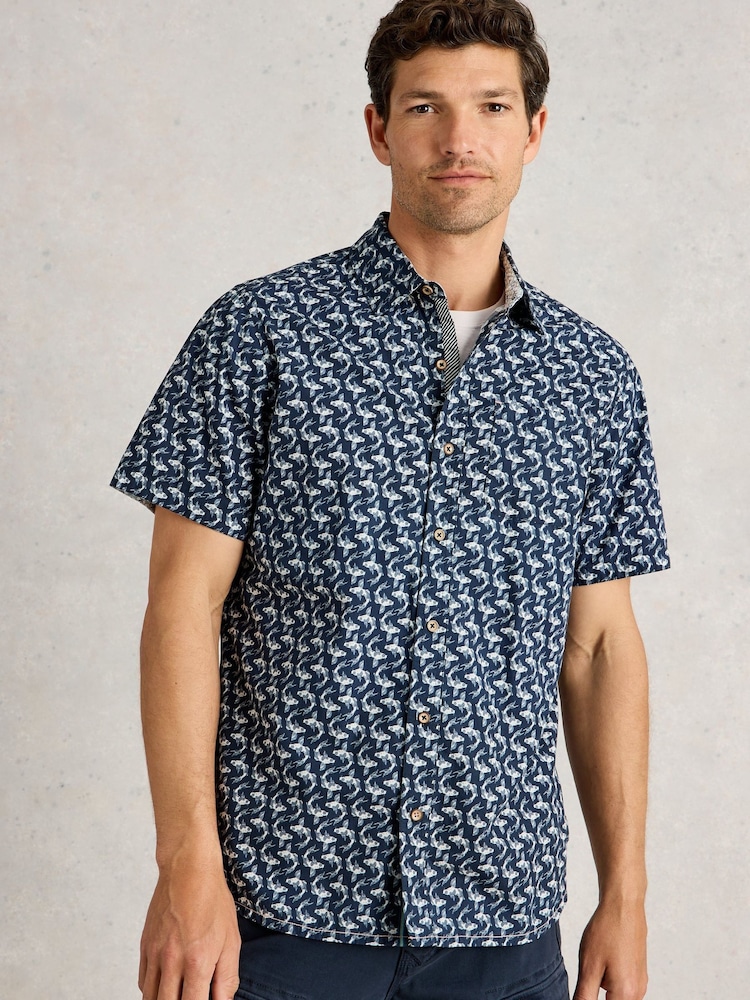 White Stuff Blue Finsbury Koi Printed 100% Organic Cotton Shirt - Image 1 of 4
