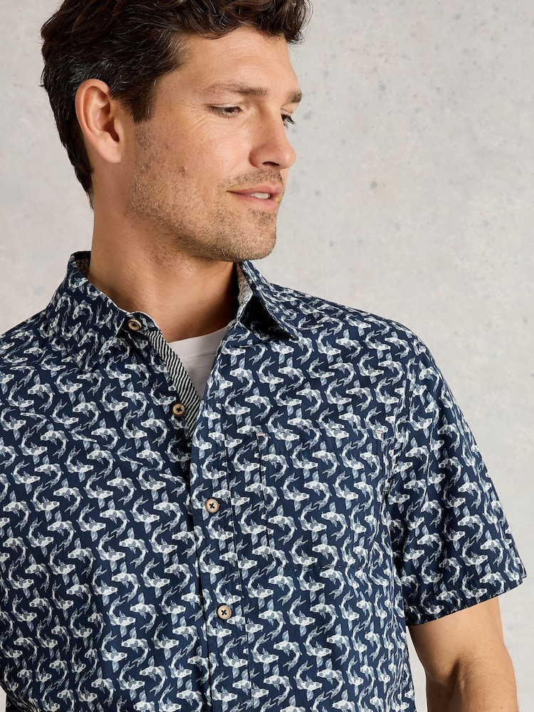 White Stuff Blue Finsbury Koi Printed 100% Organic Cotton Shirt - Image 4 of 4