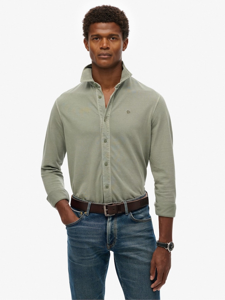 Superdry Green Vintage Destroy Pique Long Sleeve 100% Cotton Shirt - Image 1 of 5