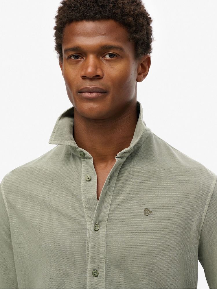 Superdry Green Vintage Destroy Pique Long Sleeve 100% Cotton Shirt - Image 3 of 5