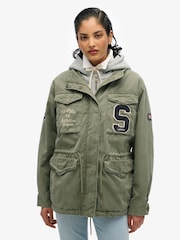 Superdry Green Jersey Hooded Embroidered Military Jacket - Image 1 of 7