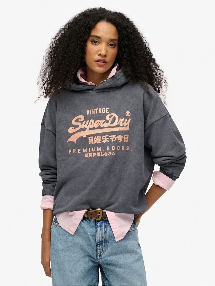 Superdry Grey Relaxed Vintage Logo Metallic Hoodie - Image 1 of 6