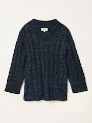 FatFace Maeve Dark Navy Cable Knitted Sparkle Jumper - Image 1 of 7