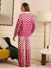 Love & Roses Berry Red and Ivory Heart Print Button Down Pyjamas Set - Image 3 of 5
