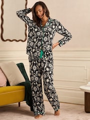Love & Roses Moon Print Black/White Jersey Button Down Pyjamas Set - Image 3 of 4