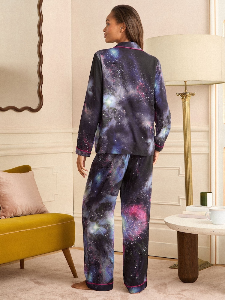 Love & Roses Navy Galaxy Print Jersey Button Down Pyjamas Set - Image 5 of 5