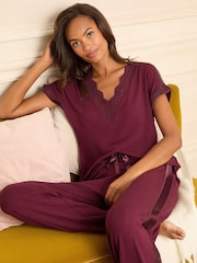 Love & Roses Berry Red Lace Detail Jersey Pyjamas Set - Image 1 of 5