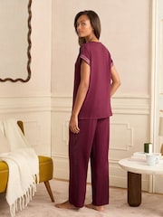 Love & Roses Berry Red Lace Detail Jersey Pyjamas Set - Image 5 of 5