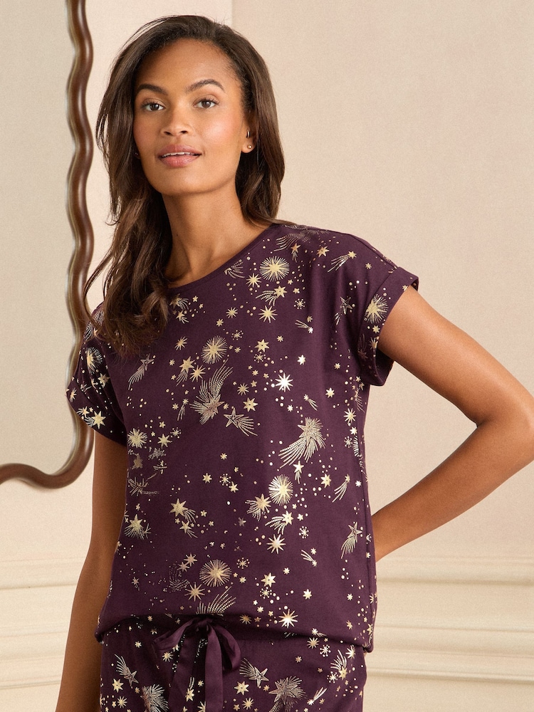 Love & Roses Deep Berry Short Sleeve Gold Foil Pyjamas Set - Image 2 of 5