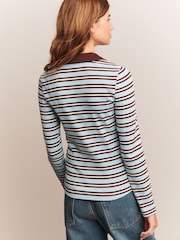 Blue/Ecru/Brown Stripe Henley Long Sleeve Button Down Top - Image 5 of 6