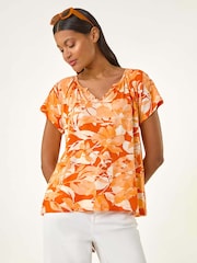 Roman Orange Abstract Print Hanky Hem Stretch Top - Image 1 of 5