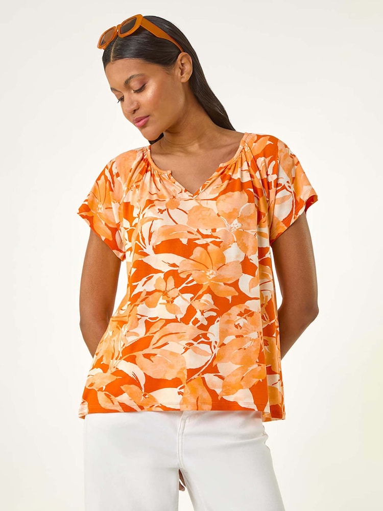 Roman Orange Abstract Print Hanky Hem Stretch Top - Image 1 of 5