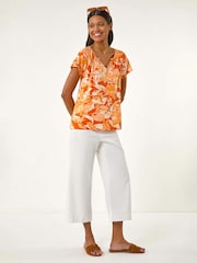 Roman Orange Abstract Print Hanky Hem Stretch Top - Image 3 of 5
