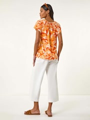 Roman Orange Abstract Print Hanky Hem Stretch Top - Image 4 of 5