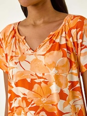 Roman Orange Abstract Print Hanky Hem Stretch Top - Image 5 of 5