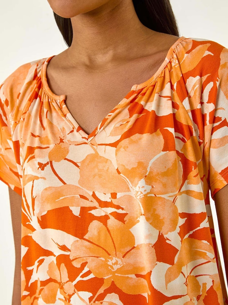 Roman Orange Abstract Print Hanky Hem Stretch Top - Image 5 of 5