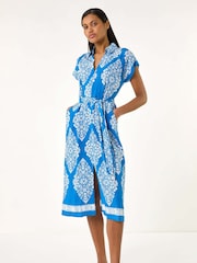 Roman Blue Geometric Print Belted Shirt Midi Dress - Image 1 of 5