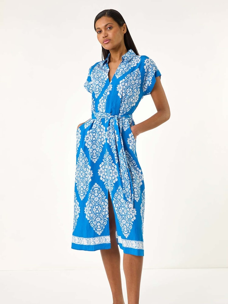 Roman Blue Geometric Print Belted Shirt Midi Dress - Image 1 of 5