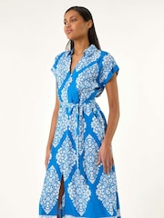 Roman Blue Geometric Print Belted Shirt Midi Dress - Image 3 of 5