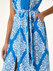 Roman Blue Geometric Print Belted Shirt Midi Dress - Image 4 of 5