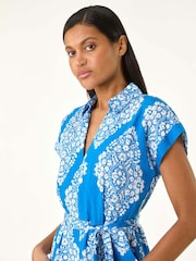 Roman Blue Geometric Print Belted Shirt Midi Dress - Image 5 of 5
