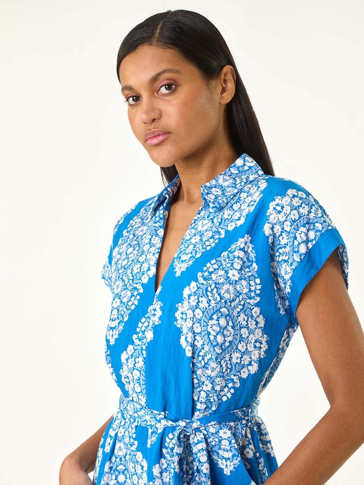 Roman Blue Geometric Print Belted Shirt Midi Dress - Image 5 of 5