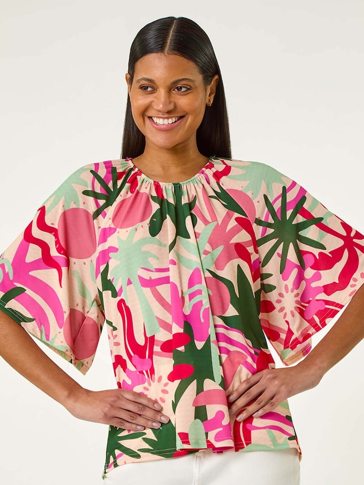 Roman Pink Printed Raglan Sleeve Stretch Top - Image 1 of 5 Roman Pink Printed Raglan Sleeve Stretch Top - Image 1 of 5