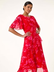 Roman Red Foral Frill High Low Midi Dress - Image 1 of 5