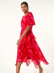 Roman Red Foral Frill High Low Midi Dress - Image 2 of 5
