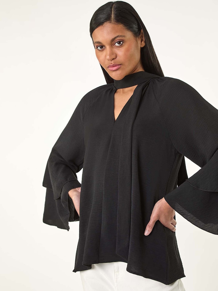 Roman Black Frilled Sleeve Tie Front Blouse - Image 1 of 5 Roman Black Frilled Sleeve Tie Front Blouse - Image 1 of 5