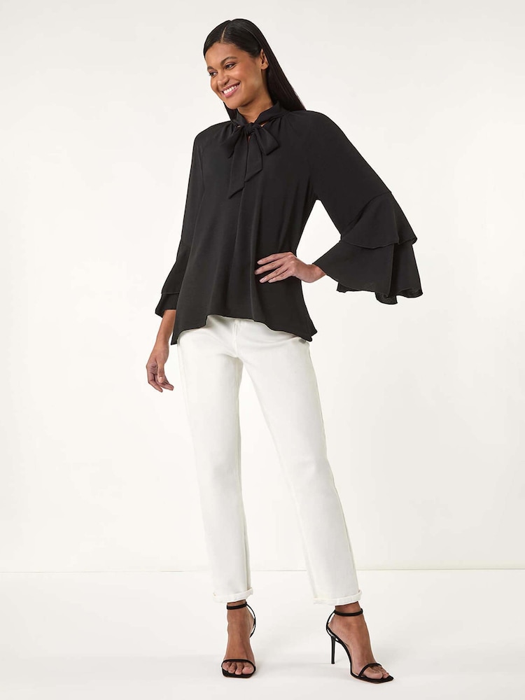 Roman Black Frilled Sleeve Tie Front Blouse - Image 2 of 5 Roman Black Frilled Sleeve Tie Front Blouse - Image 2 of 5