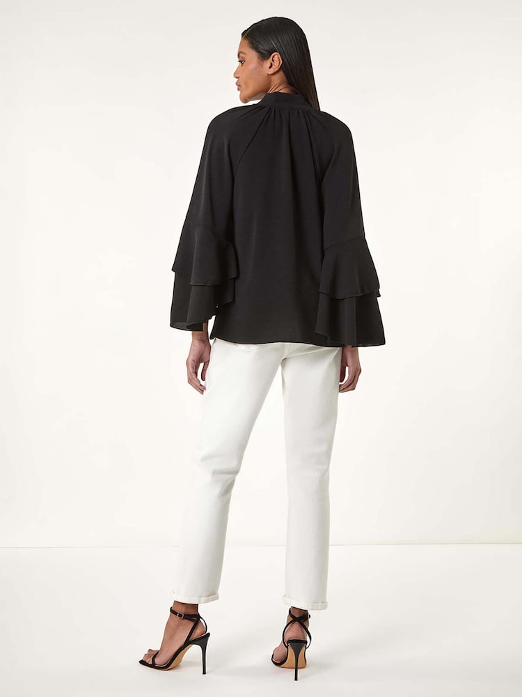 Roman Black Frilled Sleeve Tie Front Blouse - Image 3 of 5